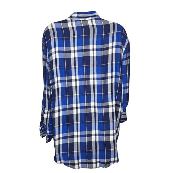 Express Boyfriend Blue Plaid Tab-Sleeve Button-Up Blouse, Size Small - Picture 2 of 8
